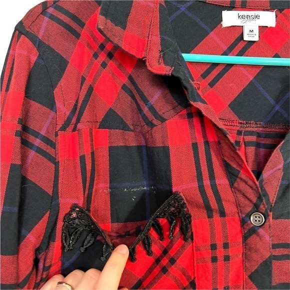 Kenzie Jeans Red and Black Button Crochet Double Breasted Pocket Blouse M - Picture 10 of 15